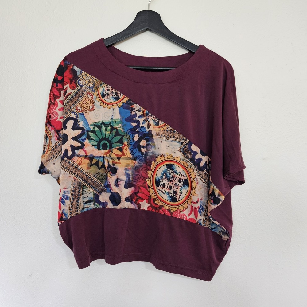 Boho Silk Modal Blend Graphic Art Tile Print Top Burgundy Women's XL